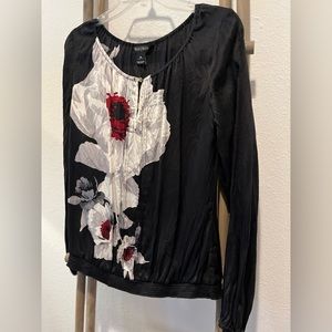 WHBM Silky Black Floral Blouse / Keyhole Neckline with Dainty Button - Size M